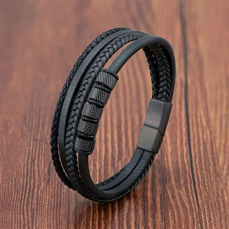 Multilayer Leather Bracelets for Men: Rugged and Refined Leather Unique Leather Bracelets Black 18.5cm 