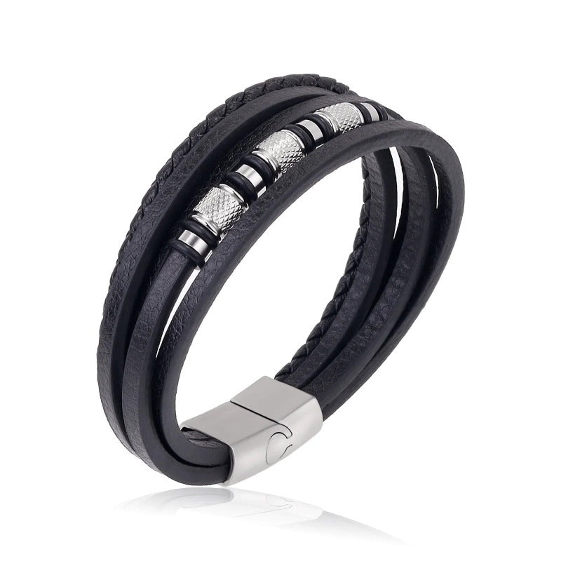 Multilayer Leather Bracelets for Men: Rugged and Refined Leather Unique Leather Bracelets Black/Silver2 18.5cm 