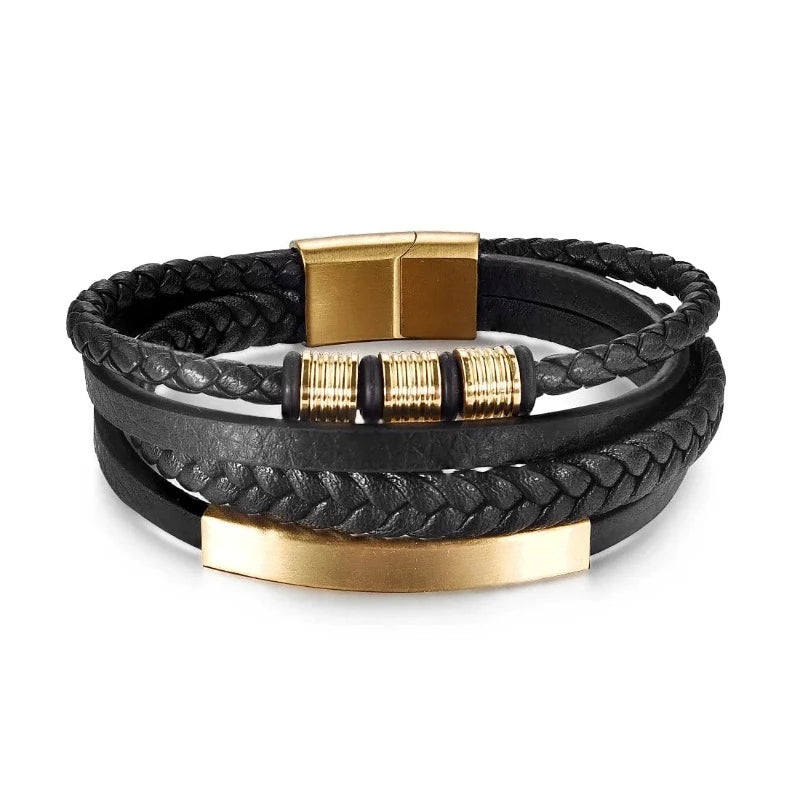 Multilayer Leather Bracelets for Men: Rugged and Refined Leather Unique Leather Bracelets Gold/Black 18.5cm 