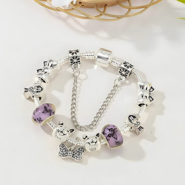 Bowknot Rabbit Purple Beads Charm Bracelet Charm Unique Leather Bracelets   