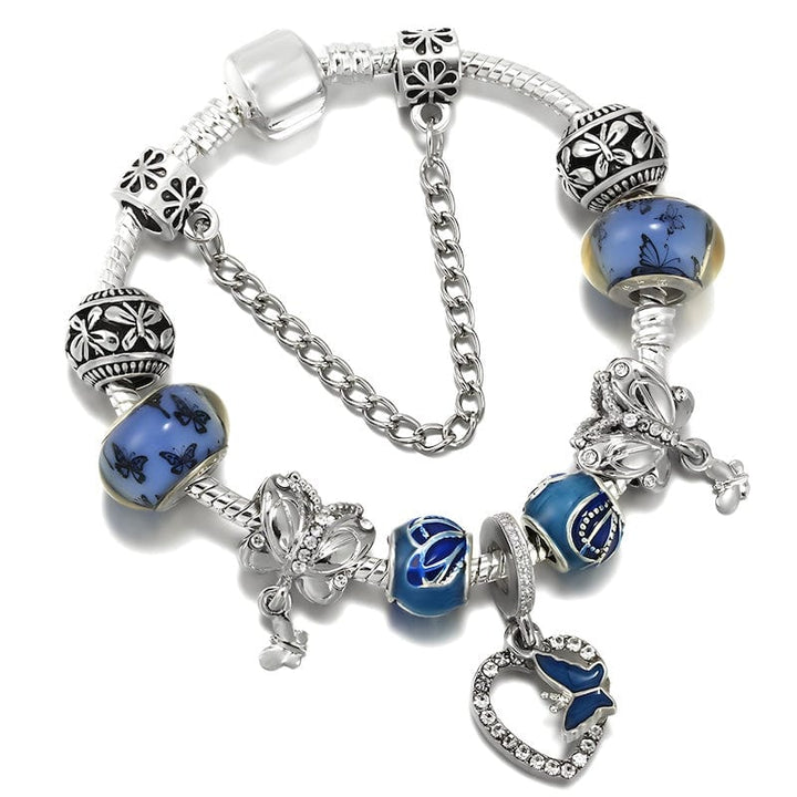 Butterfly On Heart Blue Beads Charm Bracelet Charm Unique Leather Bracelets 16cm Silver/Blue 