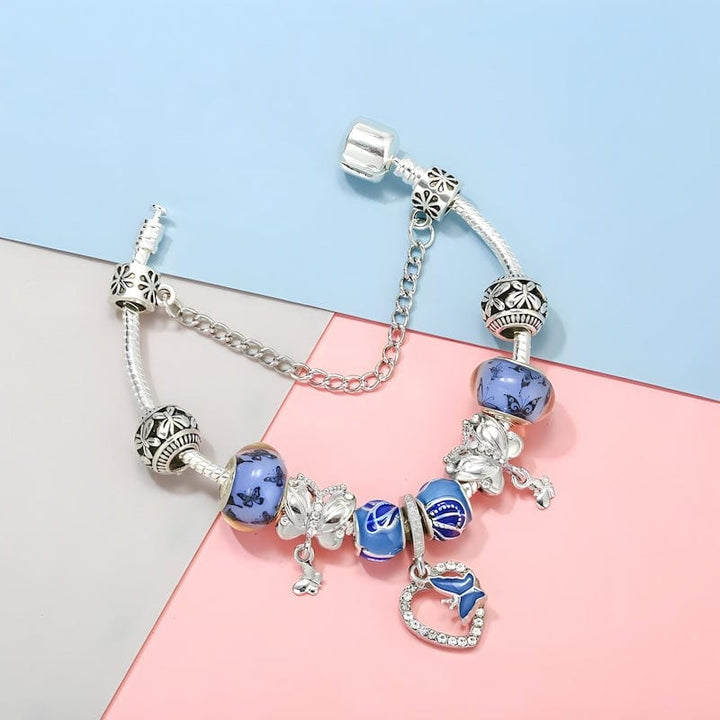 Butterfly On Heart Blue Beads Charm Bracelet Charm Unique Leather Bracelets   