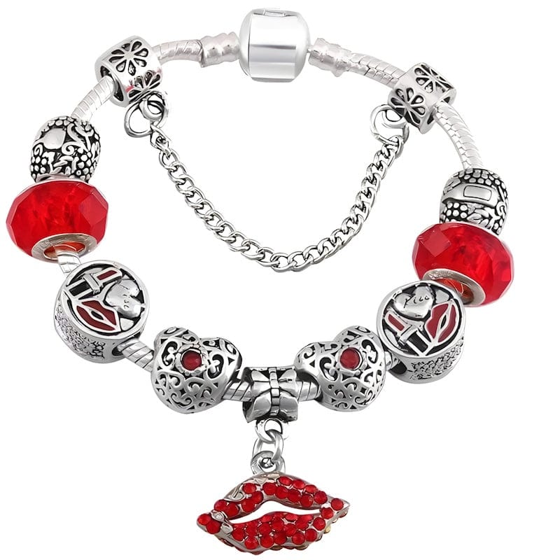 Hot Kiss Red Lips Bracelet Charm Unique Leather Bracelets 16cm Silver/Red 