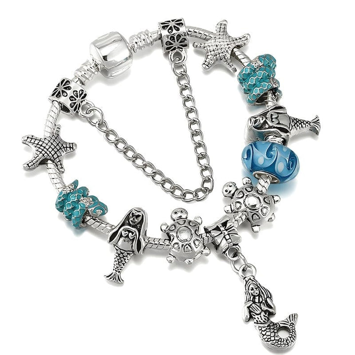 Mermaid Charm Bracelet With Vintage Blue Murano Beads Charm Unique Leather Bracelets 16cm Silver/Blue 