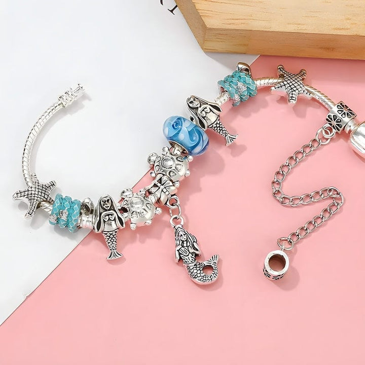 Mermaid Charm Bracelet With Vintage Blue Murano Beads bracelet by Unique Leather Bracelets