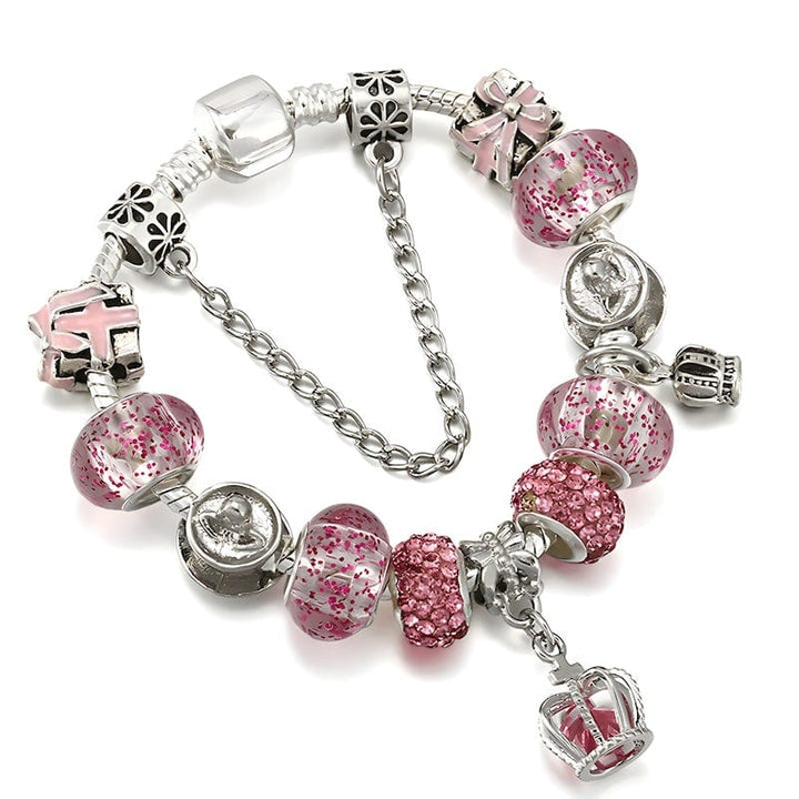 Pink Crown & Beads Charm Bracelet Charm Unique Leather Bracelets 16cm Silver/Pink 
