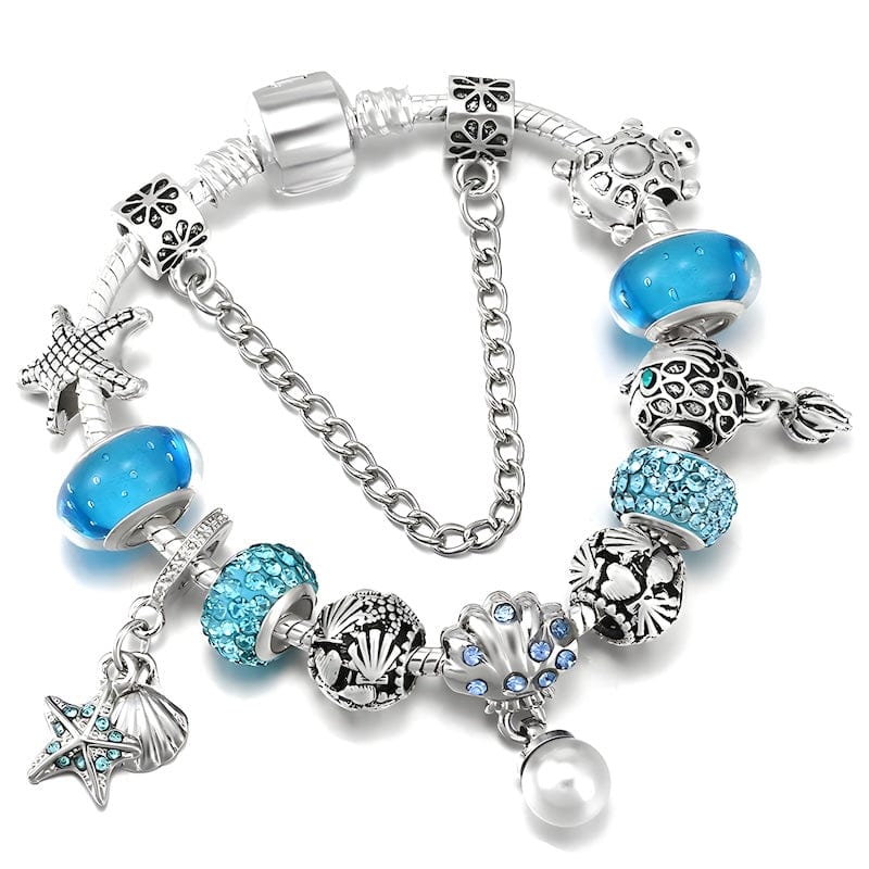 Summer Shell Pearl Starfish Charm Bracelet Charm Unique Leather Bracelets 16cm Silver/Blue 