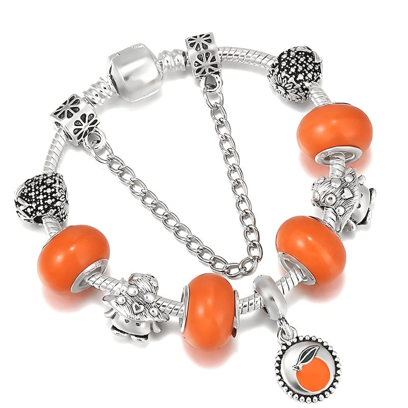 Tangerine Pendant Charm Bracelet With Orange Glass Beads Charm Unique Leather Bracelets Silver/Orange 16cm 