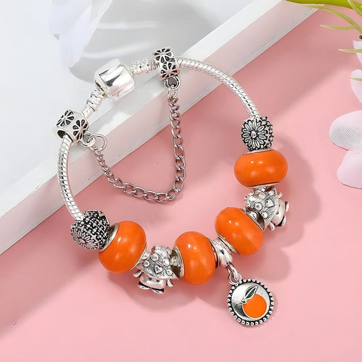 Tangerine Pendant Charm Bracelet With Orange Glass Beads Charm Unique Leather Bracelets   