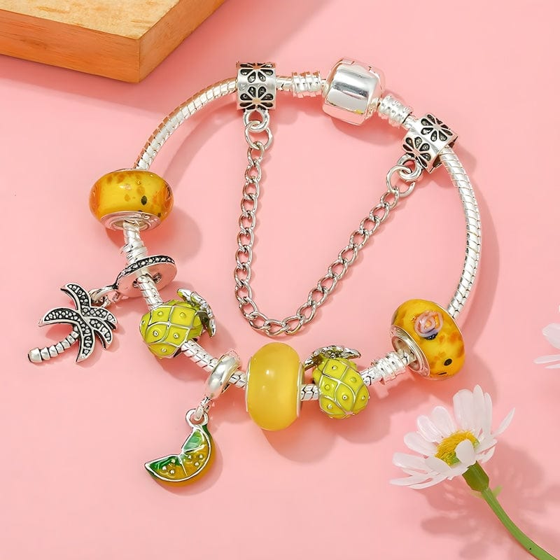 Palm Tree Tropical Pineapple Lemon Charm Bracelet Unique Leather Bracelets