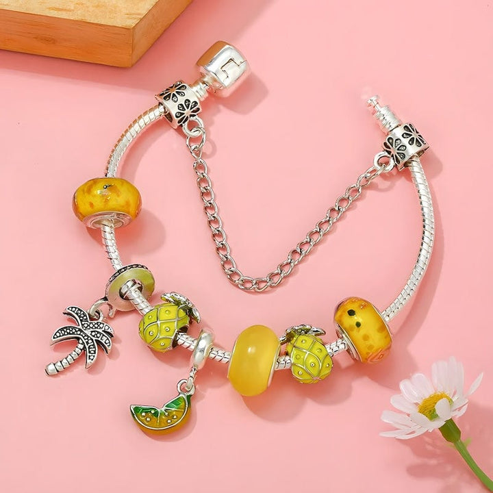 Palm Tree Tropical Pineapple Lemon Charm Bracelet Charm Unique Leather Bracelets   