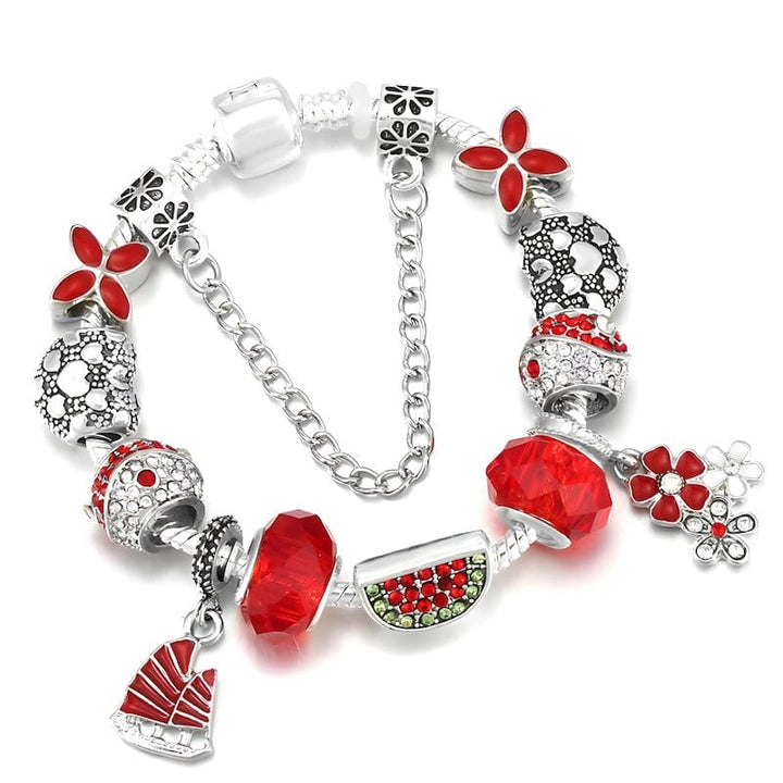 Watermelon & Flowers Red Beads Charm Bracelet Charm Unique Leather Bracelets 16cm Silver/Red 