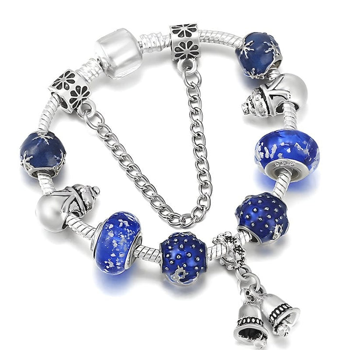 Winter Bells & Snowman Blue Beads Bracelet Charm Unique Leather Bracelets 16cm Silver/Blue 