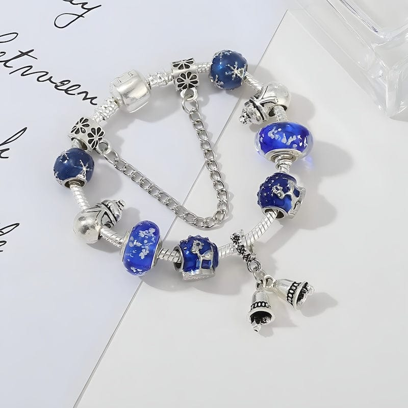 Winter Bells & Snowman Blue Beads Bracelet Charm Unique Leather Bracelets   