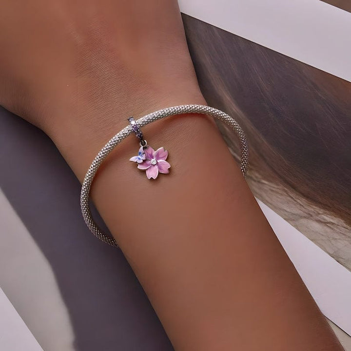 Flower Charm Sterling Silver Pink Zircons Charms Unique Leather Bracelets   