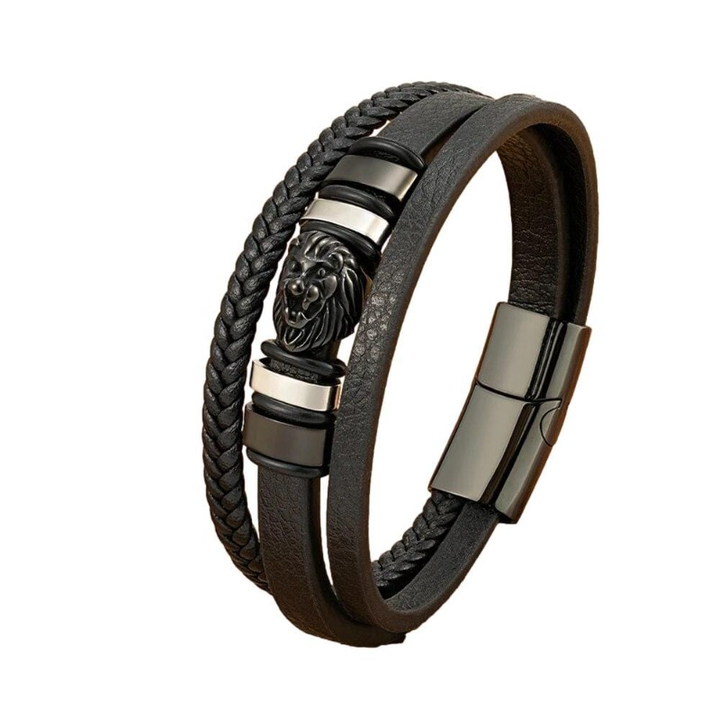 Animal Lion Woven Multilayer Leather Bracelet Leather Unique Leather Bracelets 19cm Black 