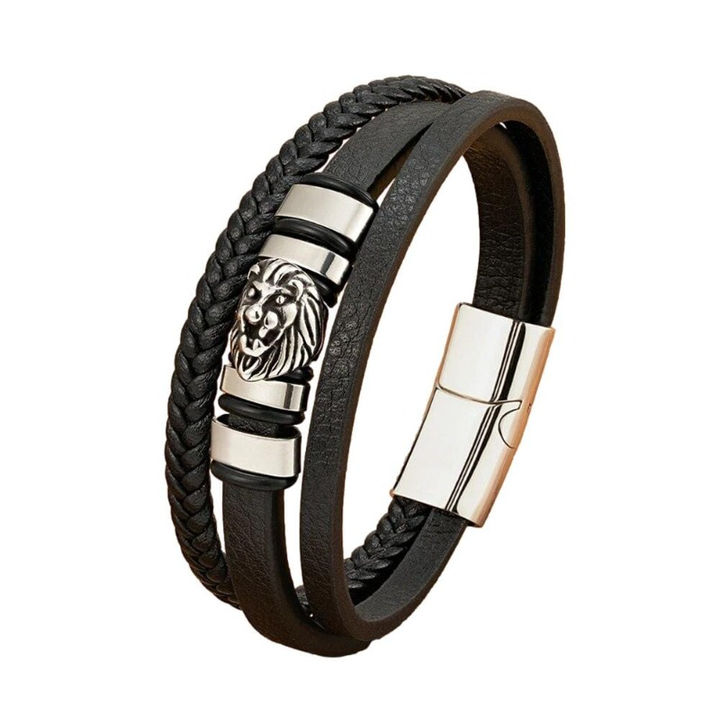 Animal Lion Woven Multilayer Leather Bracelet Leather Unique Leather Bracelets 19cm Silver 