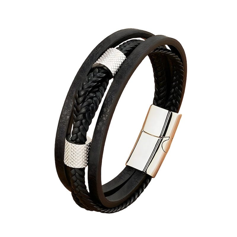 Black Leather Rope Multilayer Bracelet Leather Unique Leather Bracelets 19cm Silver 