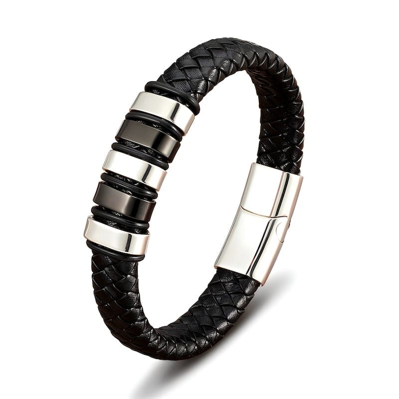 Classic Stainless Steel Braided Black Leather Mens Bracelet Leather Unique Leather Bracelets 19cm Black/Steel 