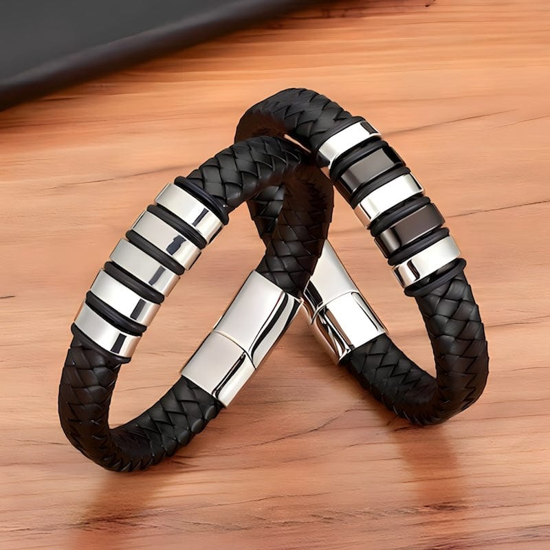 Classic Stainless Steel Braided Black Leather Mens Bracelet Leather Unique Leather Bracelets   