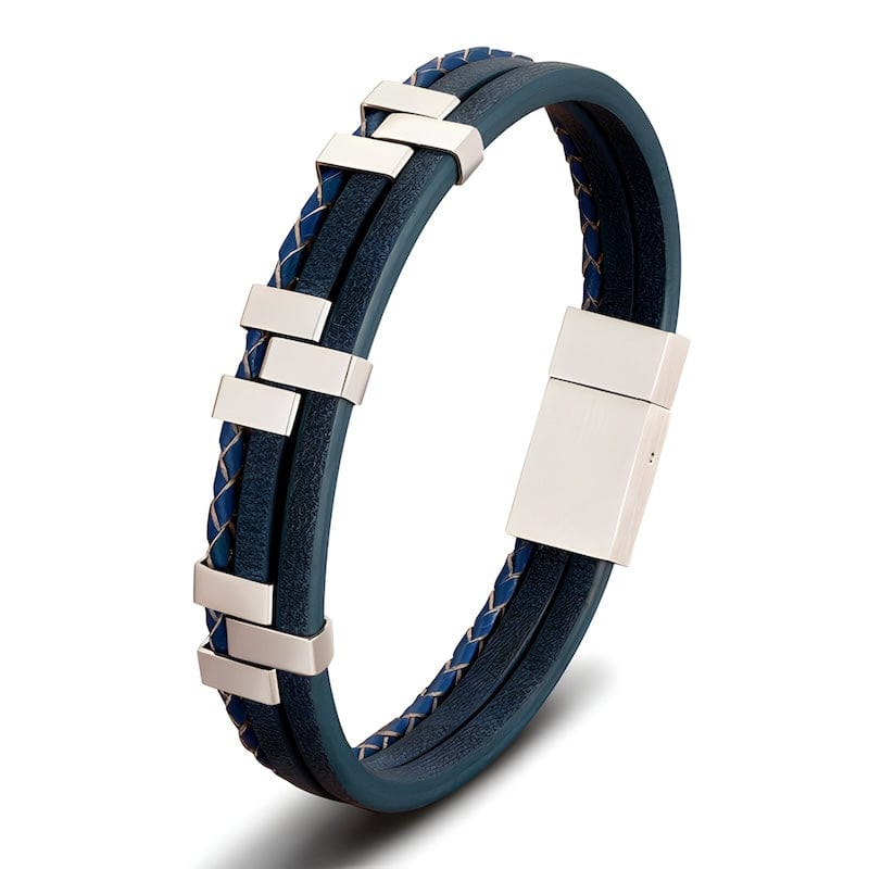 Classic Conected Straps Leather Bracelet Leather Unique Leather Bracelets 19cm Silver/Blue 