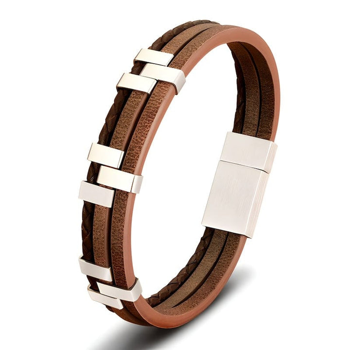 Classic Conected Straps Leather Bracelet Leather Unique Leather Bracelets 19cm Silver/Brown 