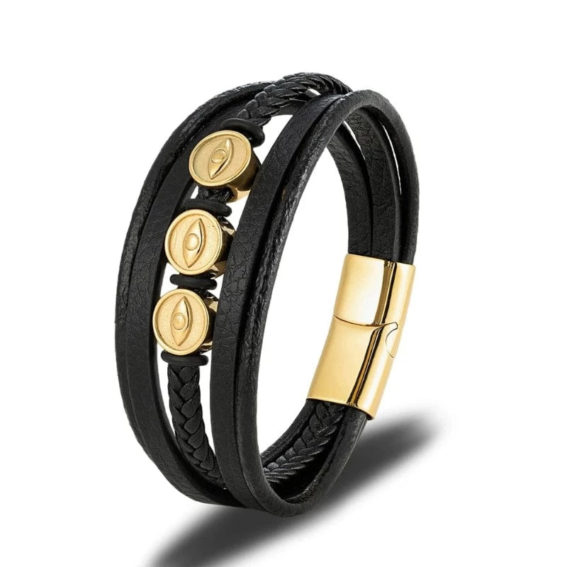 Evil Eye Multilayer Leather Bracelet Leather Unique Leather Bracelets 19cm Gold 