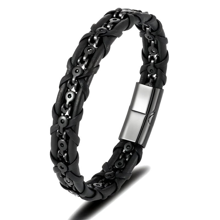 Leather Braid With Bicycle Chain Bracelet Leather Unique Leather Bracelets Silver/Black 19cm 
