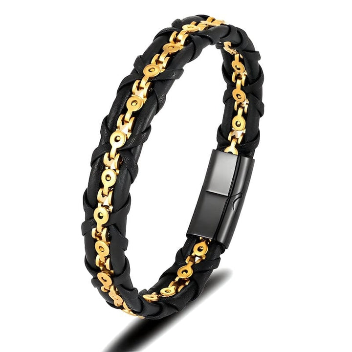Leather Braid With Bicycle Chain Bracelet Leather Unique Leather Bracelets Silver/Gold 19cm 