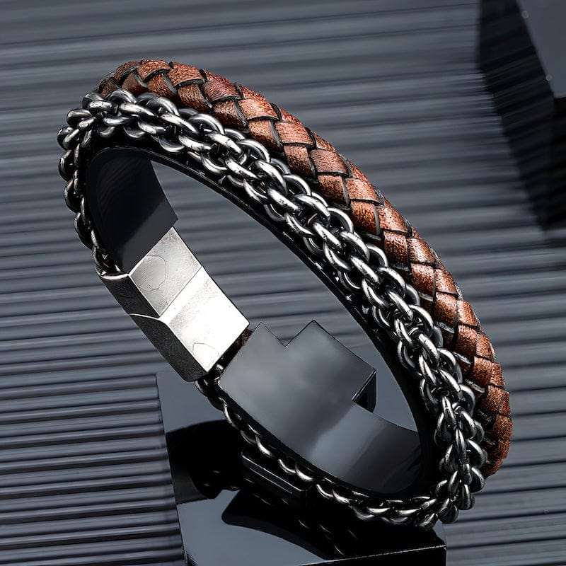 Retro Oxidized Black Geometric Link Chain Leather Bracelet Leather Unique Leather Bracelets   