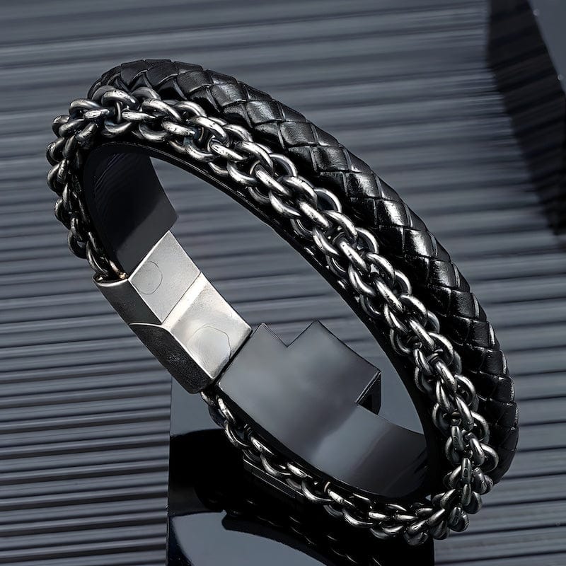 Retro Oxidized Black Geometric Link Chain Leather Bracelet Leather Unique Leather Bracelets   