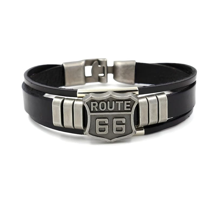 Route 66 Sign Leather Bracelet Leather Unique Leather Bracelets 21cm Black 