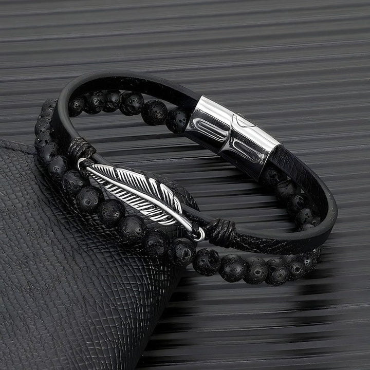 Leather Stone Beaded Multilayer Leather Feather Bracelet