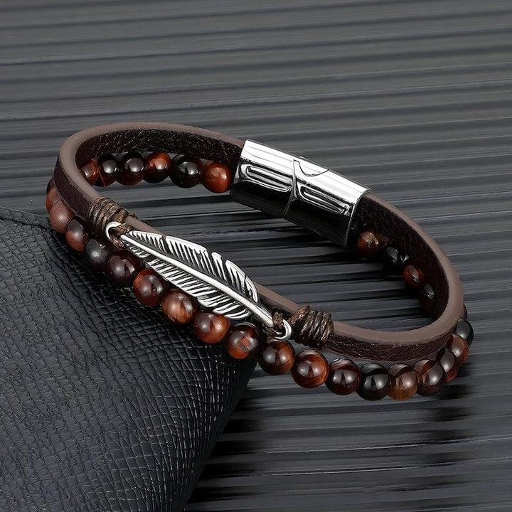 Stone Beaded Multilayer Leather Feather Bracelet bracelet by Unique Leather Bracelets