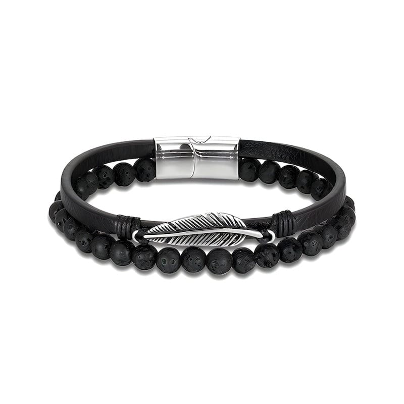 Stone Beaded Multilayer Leather Feather Bracelet Leather Unique Leather Bracelets Silver/Black 19cm 