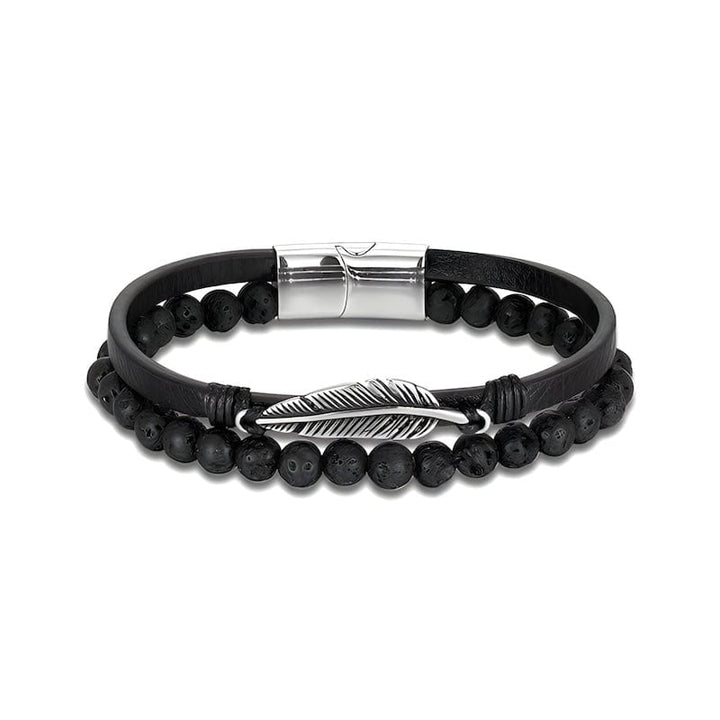 Stone Beaded Multilayer Leather Feather Bracelet Leather Unique Leather Bracelets Silver/Black 19cm 