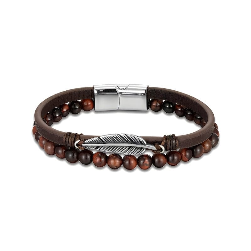 Stone Beaded Multilayer Leather Feather Bracelet Leather Unique Leather Bracelets Silver/Brown 19cm 