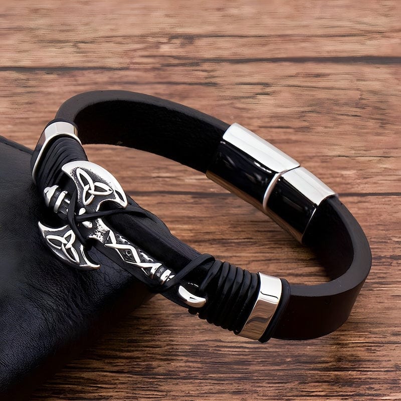 Viking Axe Black Leather Mens Bracelet Leather Unique Leather Bracelets   