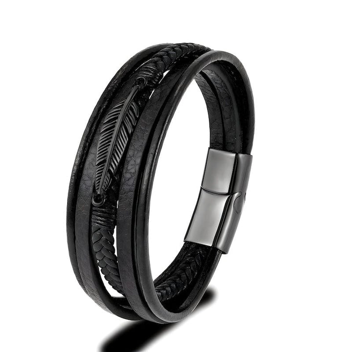 Feather Braided Wrap Leather Bracelet Wrap Unique Leather Bracelets Black 19cm 