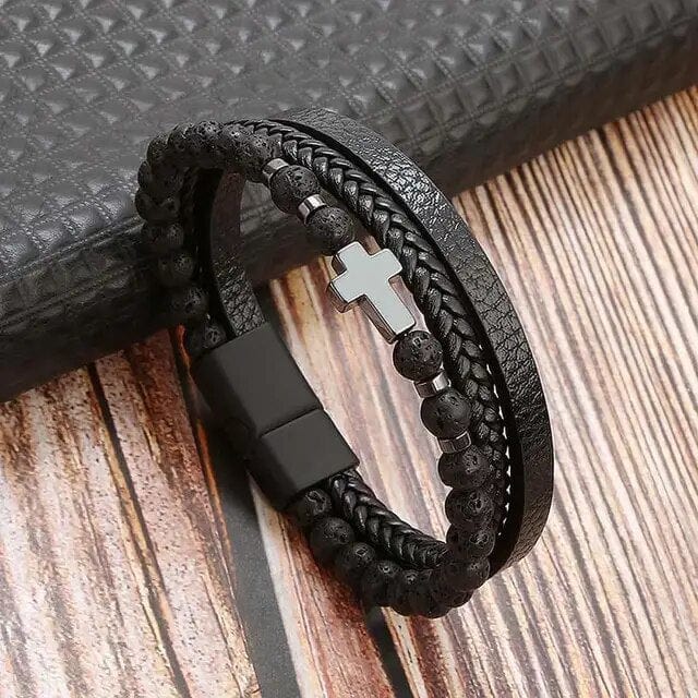 Wrap Bracelet Leather Mens Stack Bead Cross Wrap Unique Leather Bracelets 18.5cm Black 