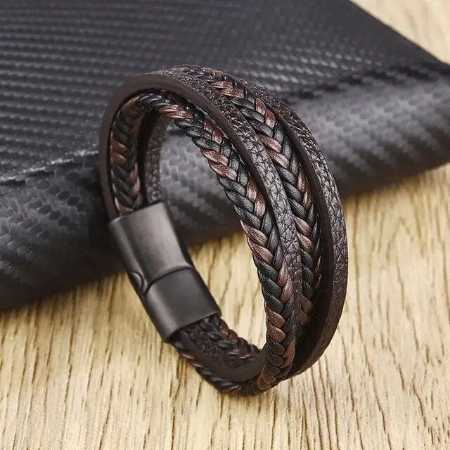 Wrap Bracelet Leather Mens Stack Braid Wrap Unique Leather Bracelets 18.5cm Brown/Black 