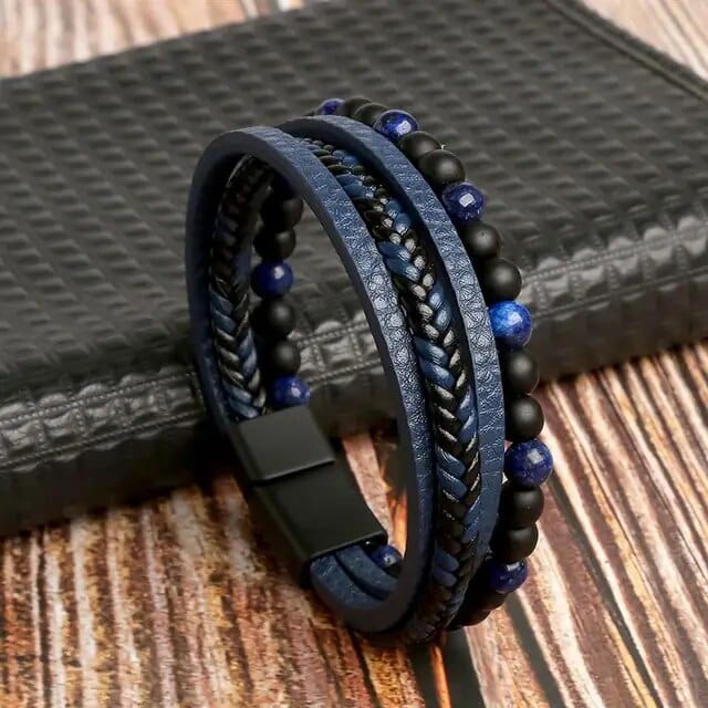 Wrap Bracelet Leather Mens Stack Braid Bead Wrap Unique Leather Bracelets 18.5cm Black/Blue 