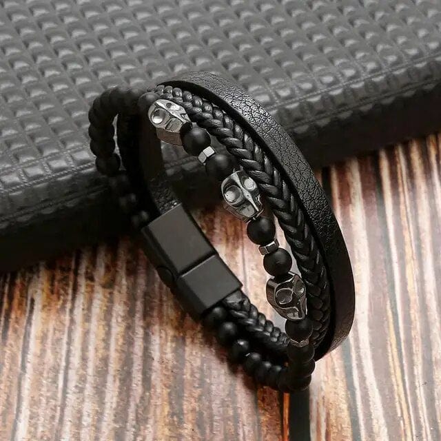 Wrap Bracelet Leather Mens Stack Crossbone Wrap Unique Leather Bracelets 18.5cm Black 