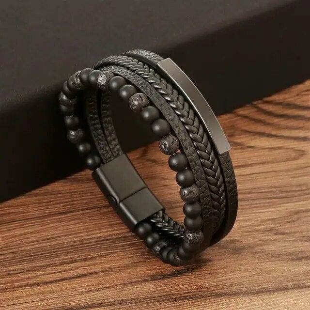 Wrap Bracelet Leather Mens Stack Lava Bead Wrap Unique Leather Bracelets 18.5cm Black 