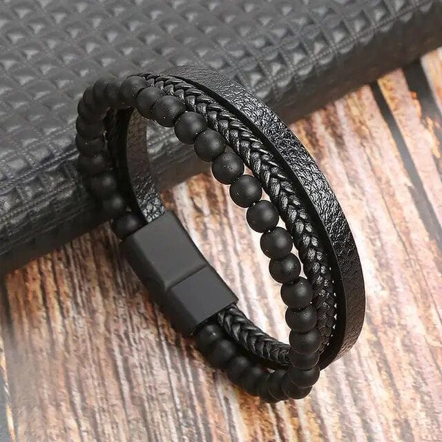 Wrap Bracelet Leather Mens Stack Lava Bead Braid Wrap Unique Leather Bracelets 18.5cm Black 