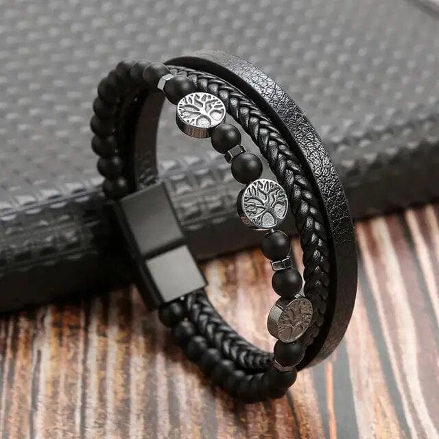 Wrap Bracelet Leather Mens Stack Polished Bead Tree Of Life Wrap Unique Leather Bracelets 18.5cm Black 