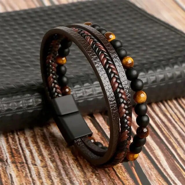 Wrap Bracelet Leather Mens Stack Tiger Bead Wrap Unique Leather Bracelets 18.5cm Brown 