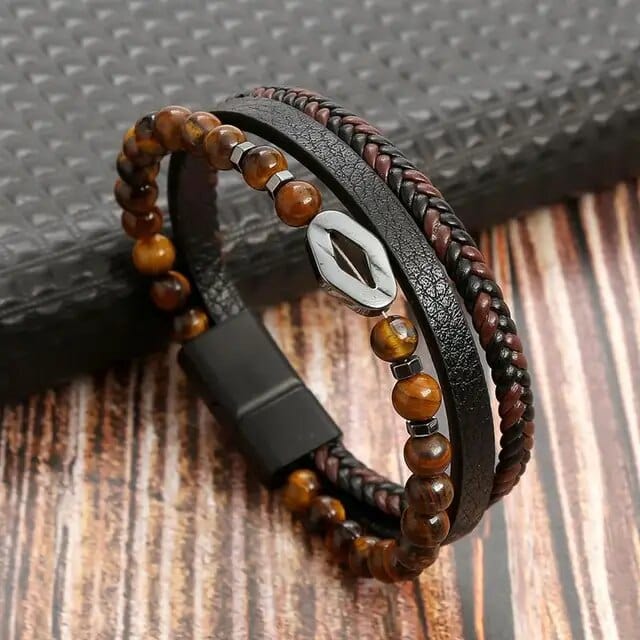 Wrap Bracelet Leather Mens Stack Tiger Bead Charm Wrap Unique Leather Bracelets 18.5cm Brown/Black 