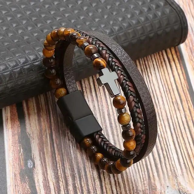 Wrap Bracelet Leather Mens Stack Tiger Bead Cross Wrap Unique Leather Bracelets 18.5cm Brown 