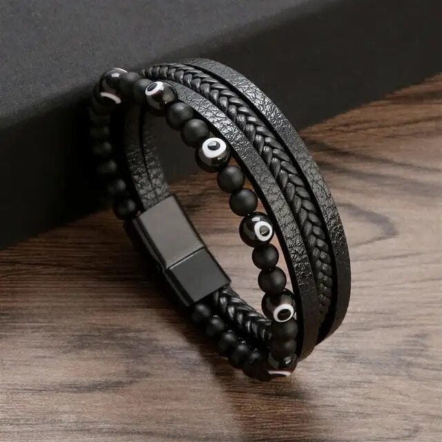 Wrap Bracelet Leather Mens Stack Tiger Evil Eye Wrap Unique Leather Bracelets 18.5cm Black 